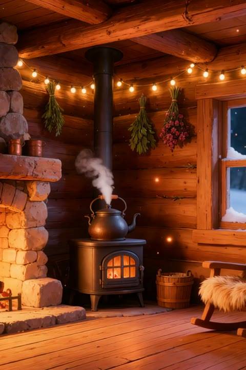 Elevate your stream with this cozy log cabin looping background, featuring a crackling fireplace, steaming kettle, and warm fairy lights. Perfect as a seamless animated wallpaper for Twitch, OBS, VTubers, and lofi YouTube channels.