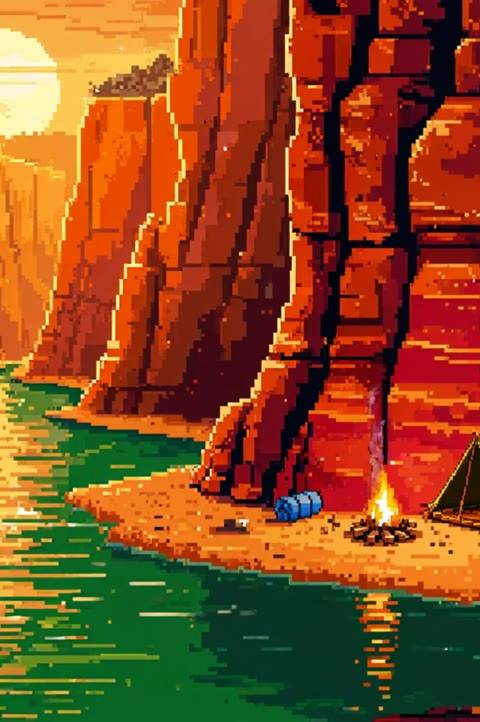 This pixel art looping background features a serene slot canyon river scene with a campfire, perfect for Twitch streams, VTubers, and lofi YouTube channels seeking a retro natural aesthetic. Use this seamless animated wallpaper to add a touch of adventure and relaxation to your broadcast.