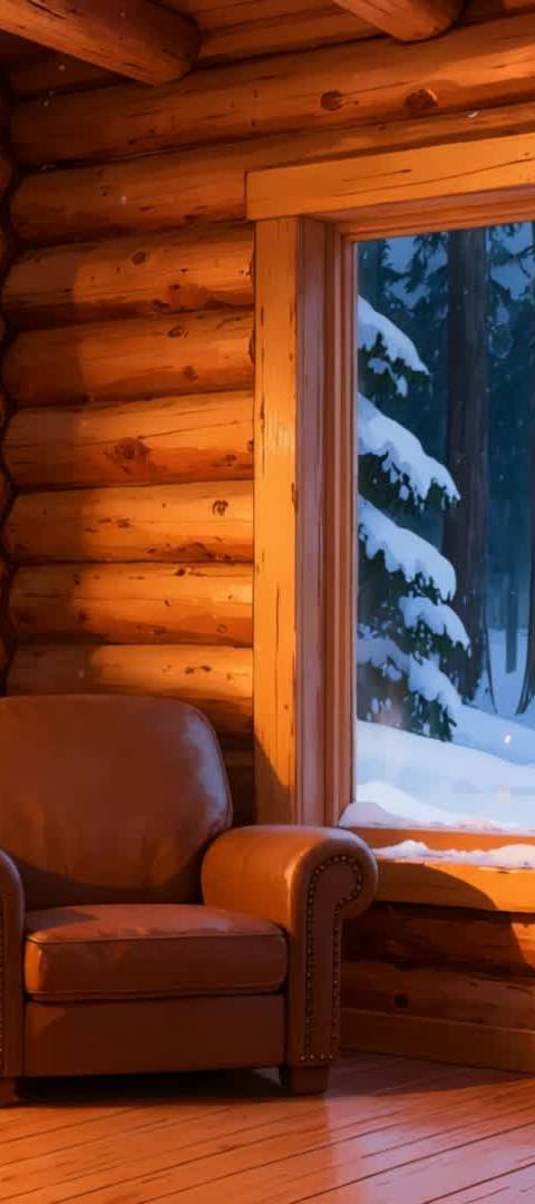A seamless animated background featuring a warm log cabin interior with a flickering fireplace, perfect for creating a cozy atmosphere on Twitch streams or YouTube content. This looping video provides a tranquil winter scene with snow-covered trees visible through the window.