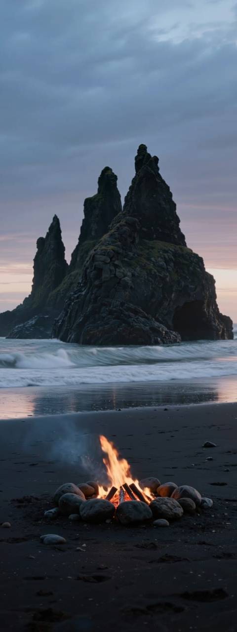 This looping background features a cozy bonfire on a dark sand beach with dramatic sea stacks at dawn, perfect for Twitch, OBS, and VTuber streams. It serves as a seamless animated wallpaper for any content creator seeking a tranquil yet striking visual.
