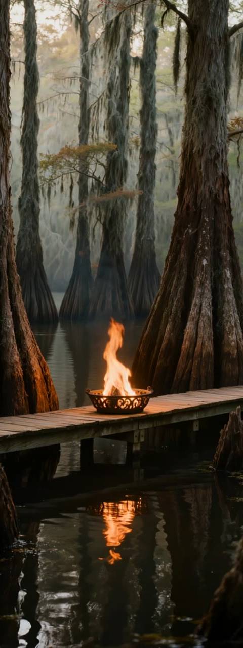 A captivating looping background featuring a fire pit on a wooden boardwalk in a mystical cypress swamp at dusk. This seamless animated wallpaper is perfect for Twitch streams, VTubers, or lofi YouTube channels seeking a unique natural ambiance.