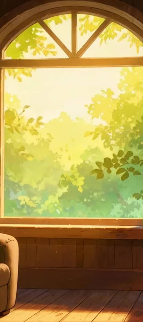 This looping background creates a warm, inviting atmosphere perfect for Twitch streams, VTuber sessions, or lofi YouTube channels. It features a sunlit study with a crackling fireplace and lush summer trees visible through a large window, offering a peaceful animated wallpaper.