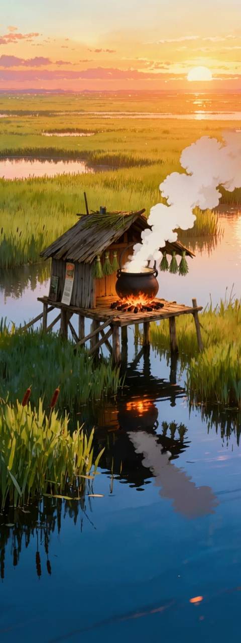 A serene marsh hut at golden hour with a boiling pot and rising smoke, perfect as a looping background for Twitch streams or a seamless animated wallpaper for YouTube channels.