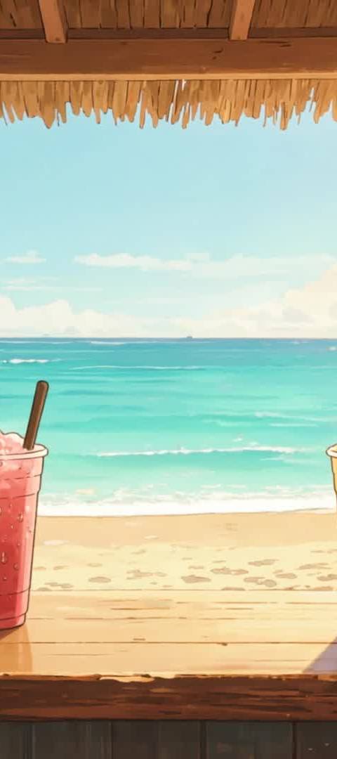 A seamless looping background for Twitch or OBS, featuring a tropical beach cafe counter perfect for streamers seeking a refreshing and relaxing animated wallpaper.