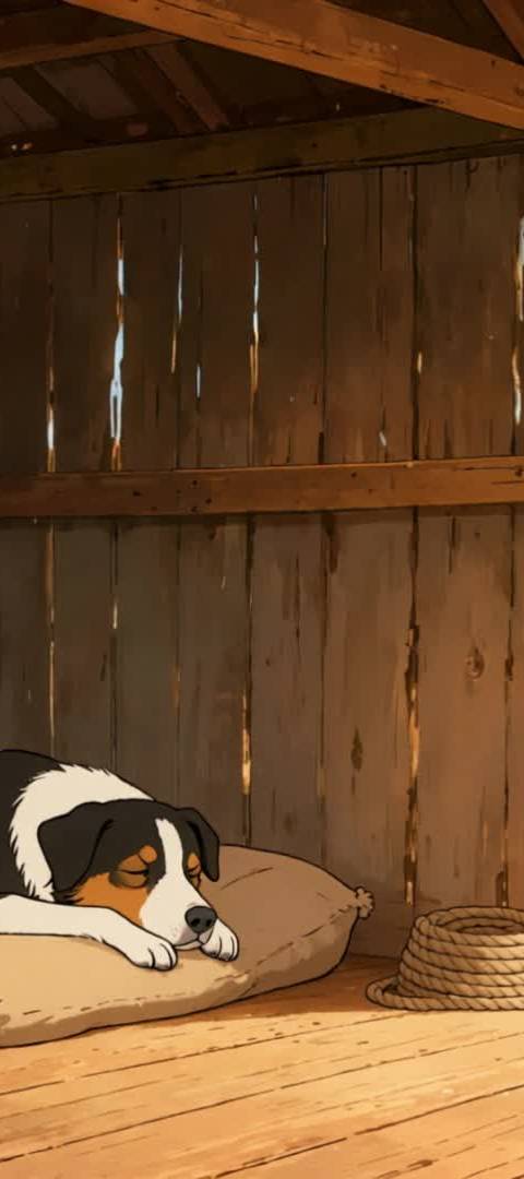 A peaceful looping background featuring a sleeping dog in a rustic wooden shed, perfect for Twitch streamers, VTubers, and lofi YouTube channels seeking a calm, pastoral aesthetic.