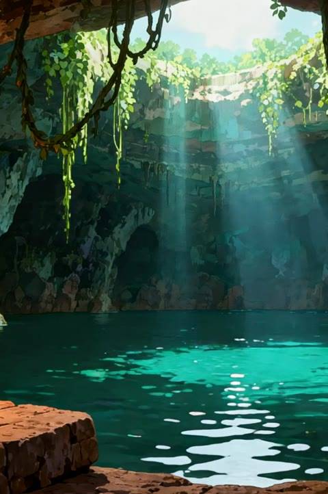 A seamless looping anime background featuring a mystical cenote with a glowing campfire, perfect for Twitch streams, VTubers, and YouTube lofi channels. Enhance your broadcast with this enchanting animated wallpaper, depicting a serene underground pool bathed in natural light.
