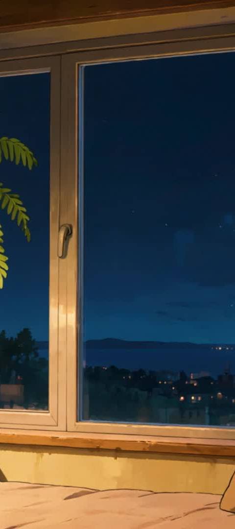 This seamless looping background features a cozy anime-style bedroom at night, with a window view of distant city lights. It is ideal as an animated wallpaper for Twitch streamers, VTubers, and lofi YouTube channels seeking a calm and inviting atmosphere.