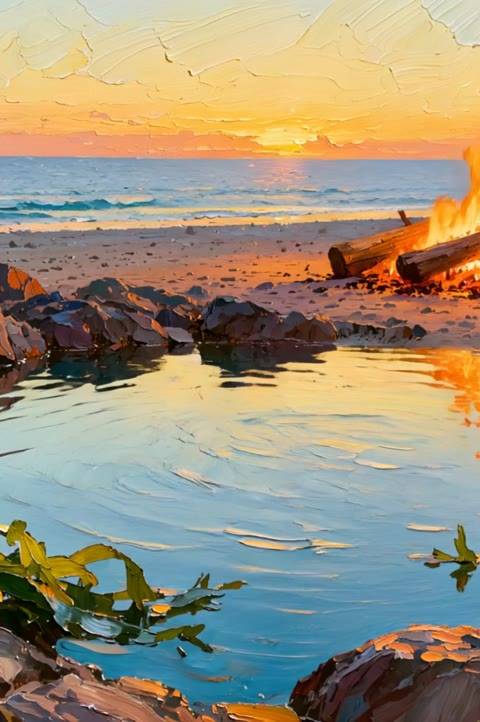 A stunning painterly golden hour beach scene with a warm campfire and reflective tidepool, perfect as a looping background for Twitch or a seamless animated wallpaper.