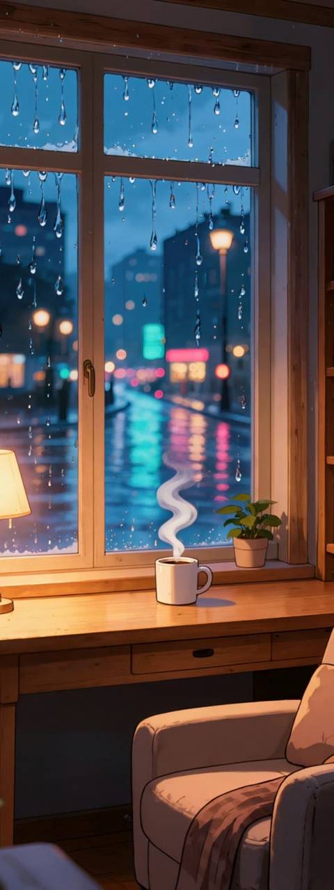 This seamless looping background features a cozy anime study on a rainy city night, perfect for Twitch streams, OBS scenes, or YouTube lofi videos. Enjoy a relaxing, animated wallpaper with gentle rain and warm indoor lighting.
