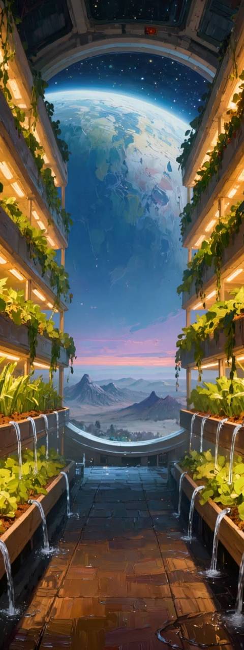 A serene looping background for Twitch streams, featuring a futuristic hydroponics garden inside a space station with a stunning view of Earth. This seamless animated wallpaper is perfect for creating a peaceful sci-fi atmosphere.