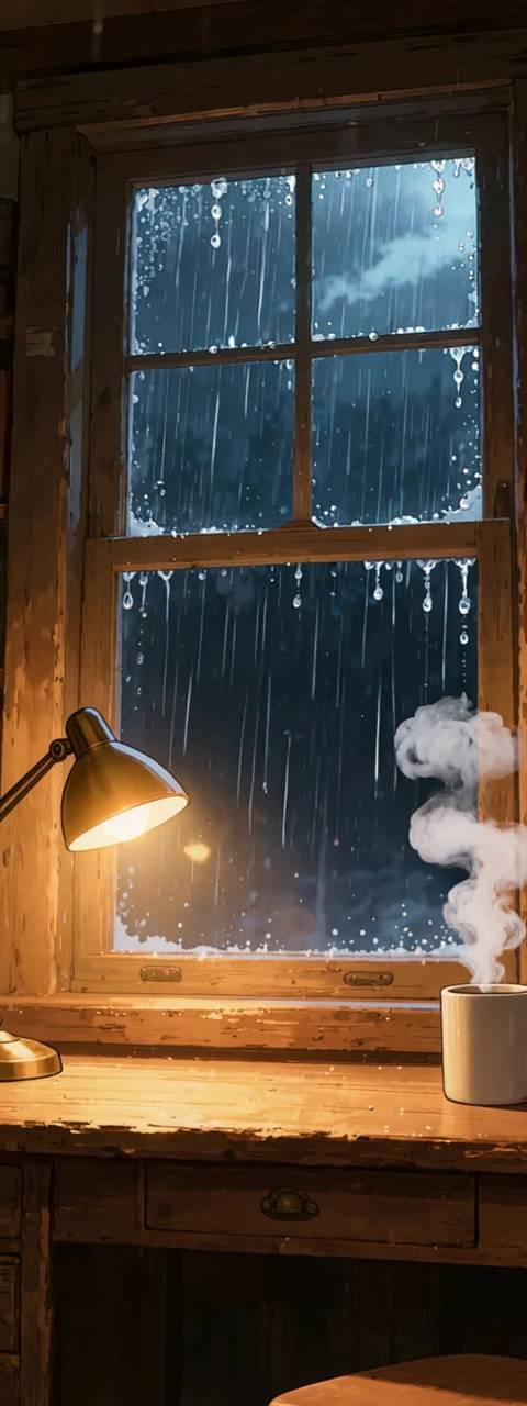 This seamless looping background features a retro-styled study desk by a window with continuous heavy rain, perfect for creating a cozy, focused atmosphere. Ideal for Twitch streamers, VTubers, and lofi YouTube channels seeking a comforting, animated backdrop.