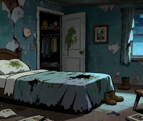 An eerie, post-apocalyptic bedroom with peeling wallpaper and neon green grime, perfect as a lo-fi horror or survival-themed stream background.