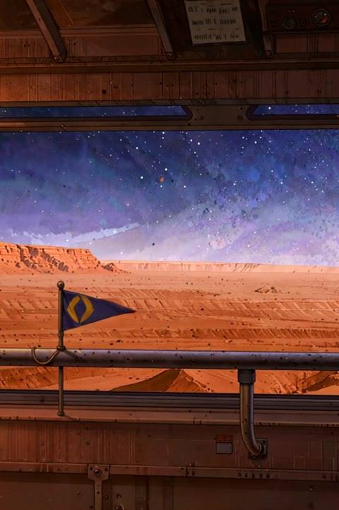 A seamless looping background for Twitch or YouTube featuring a cozy space habitat overlooking a Martian desert landscape. Perfect as an animated wallpaper, this scene offers a serene, sci-fi backdrop for streamers and content creators.