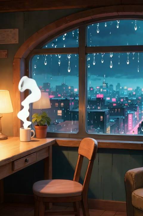 A seamless looping background featuring a cozy study interior with a large arched window overlooking a rainy cyberpunk city. Perfect for Twitch streams, VTube channels, or lofi YouTube videos seeking an atmospheric, futuristic urban setting.